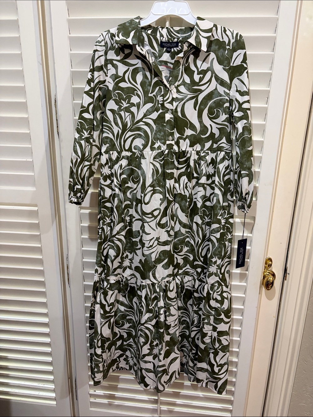 Rachel Zoe Olive and White Floral Button-Front Tiered Midi Dress. Small NWT